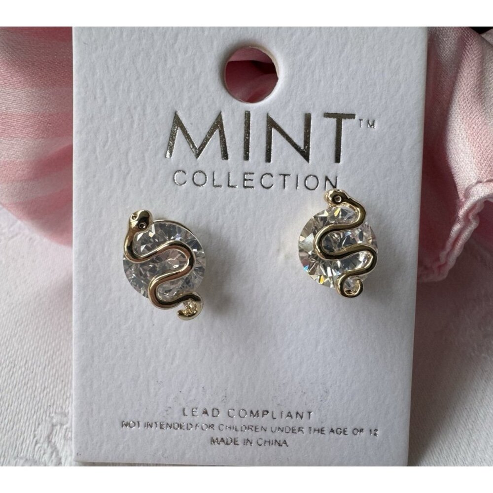 Mint Small CZ Stud with Goldtone Snake Earrings Bling Sparkle Party NEW
